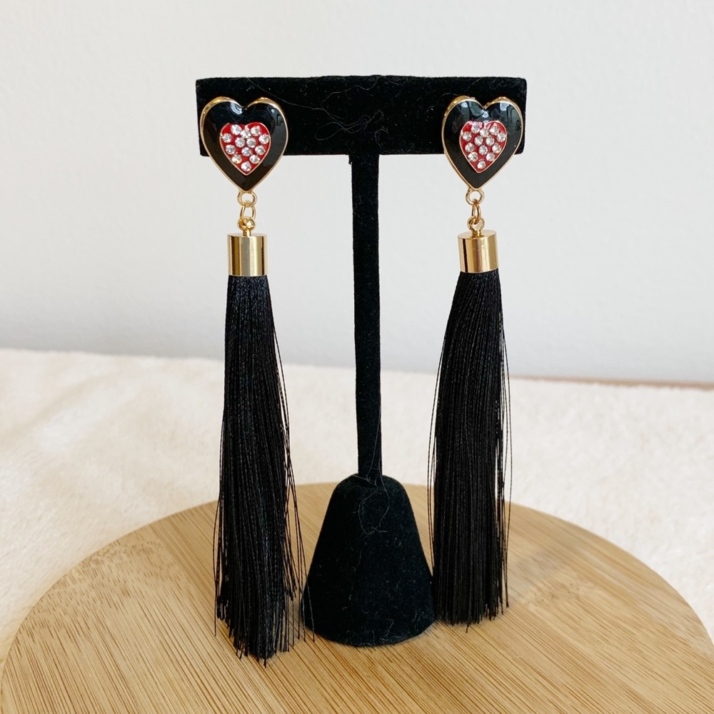 NWT Black Heart Tassel Earrings – Rhinestone Red Heart Center